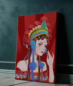 Traditional Asian art depicting stylized woman with ornate headdress