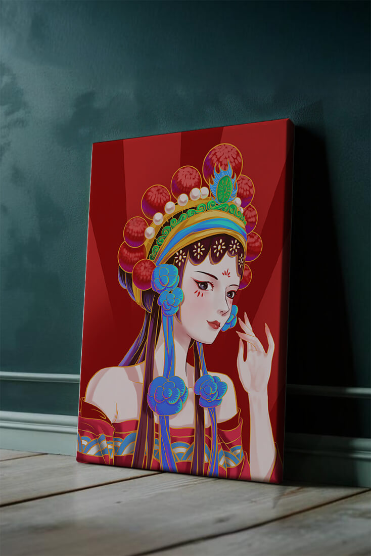 Traditional Asian art depicting stylized woman with ornate headdress