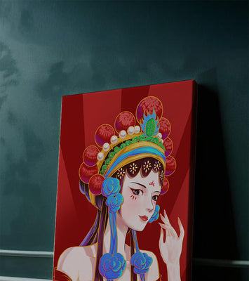 Traditional Asian art depicting stylized woman with ornate headdress