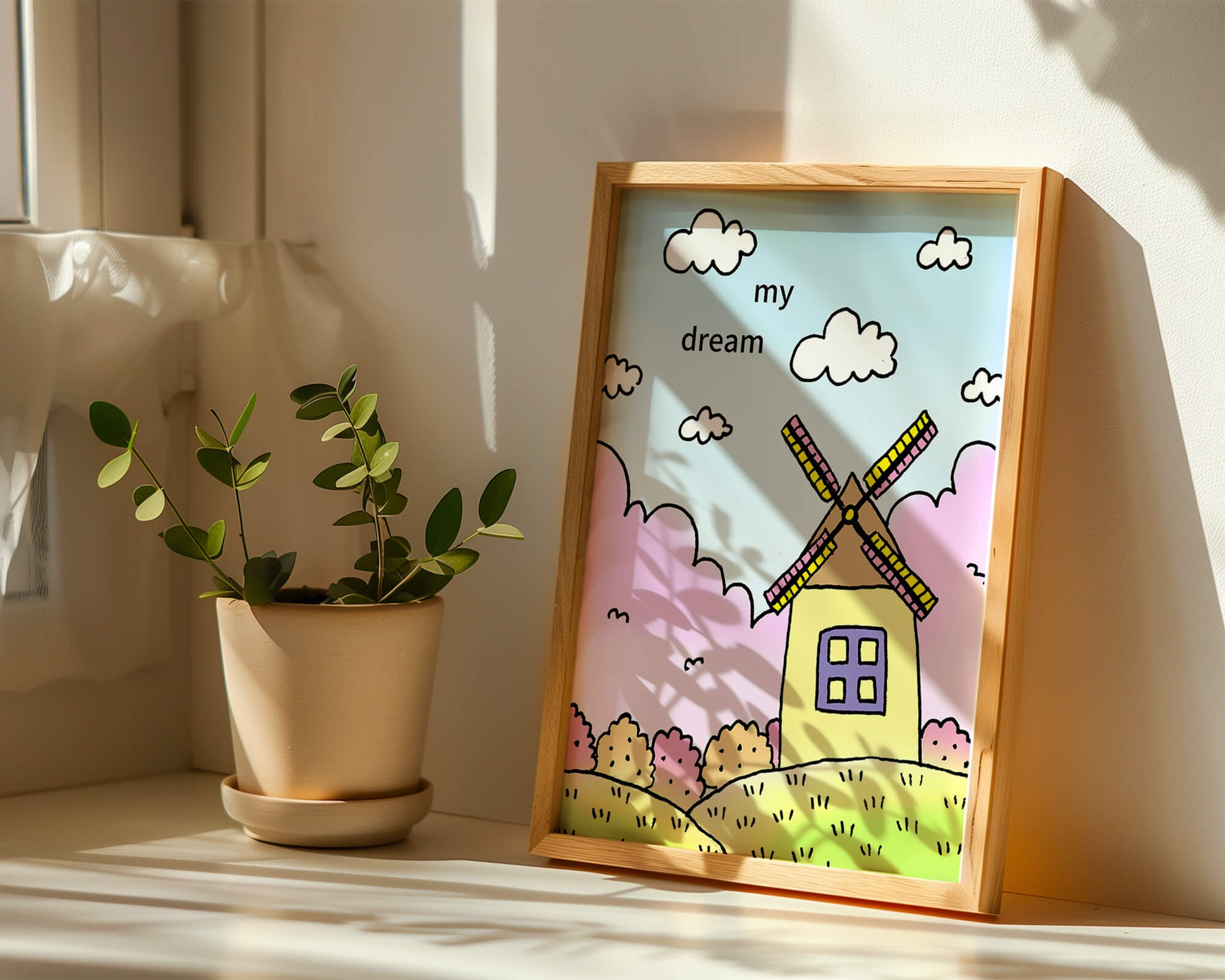 Windmill in a pastel landscape with fluffy clouds and bushes