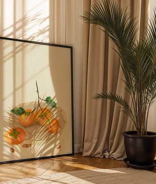 Still Life with Persimmons and Branch on a Neutral Background