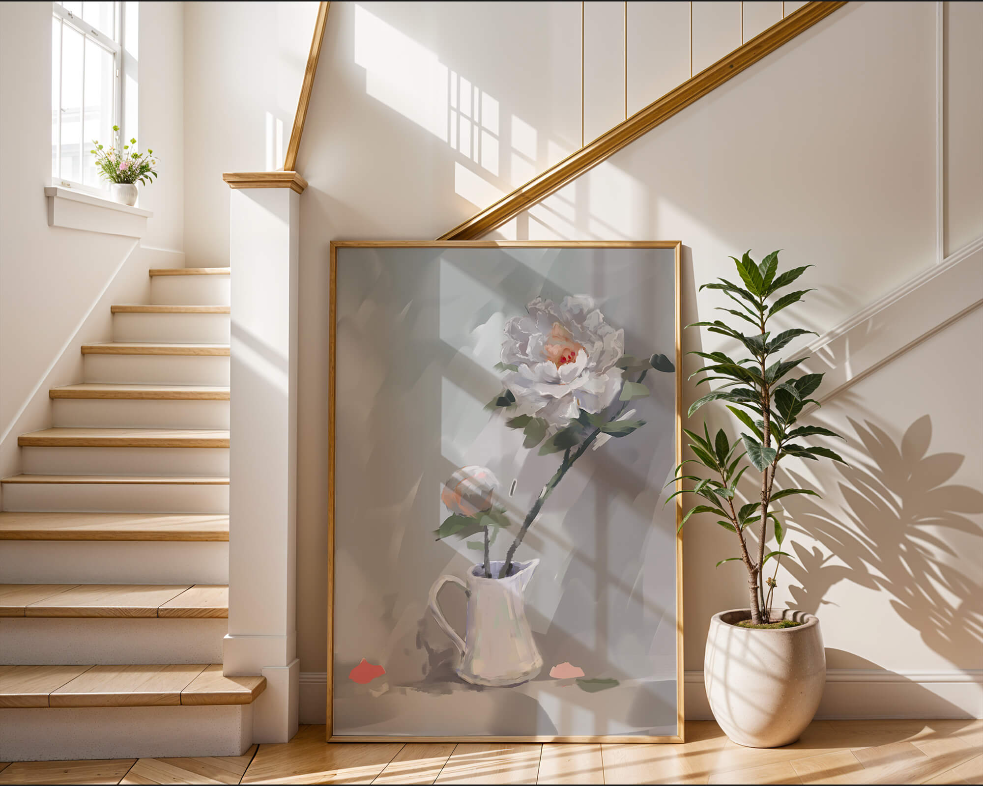 Elegant white peonies in a ceramic jug with soft pastel background