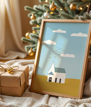 Paisaje minimalista con una casa blanca y cielo