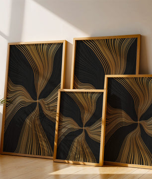 Líneas doradas abstractas sobre fondo negro con flujo dinámico