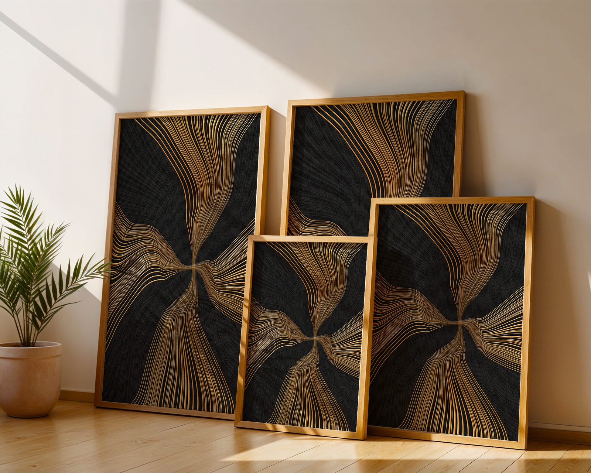 Líneas doradas abstractas sobre fondo negro con flujo dinámico