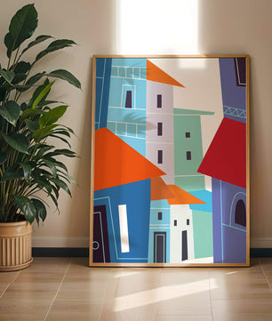 Paisaje urbano abstracto colorido con edificios geométricos