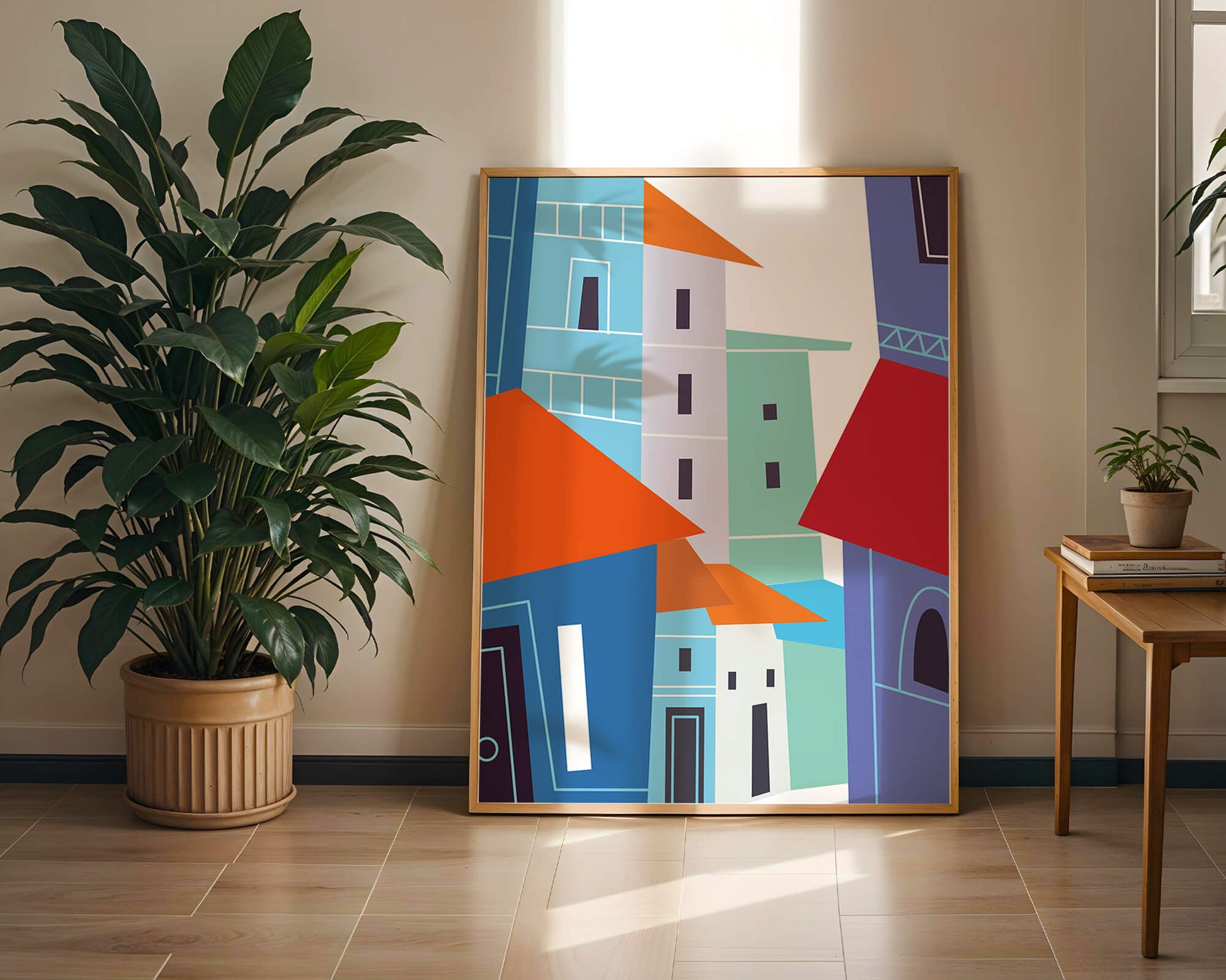 Colorful abstract cityscape with geometric buildings