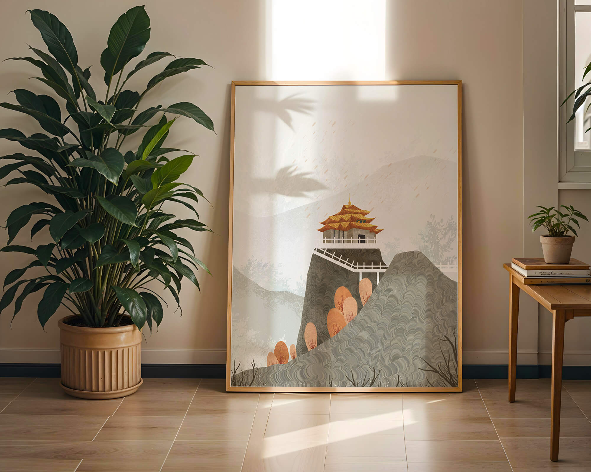 Serene mountain landscape with traditional Asian architecture