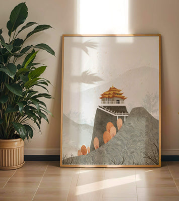 Serene mountain landscape with traditional Asian architecture