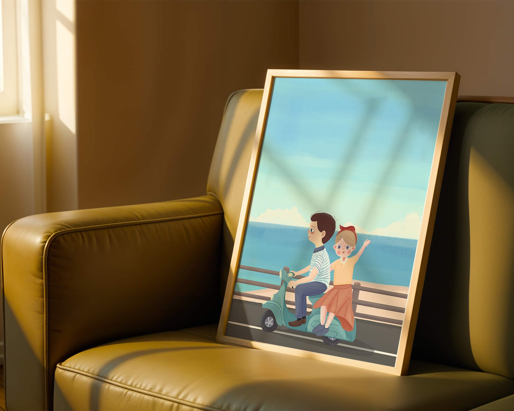 Young couple enjoying a scenic scooter ride by the seaside