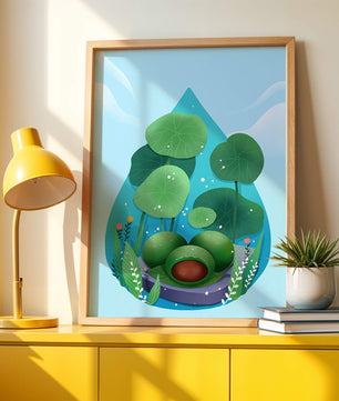 Nature-inspired abstract illustration with leaves and spheres