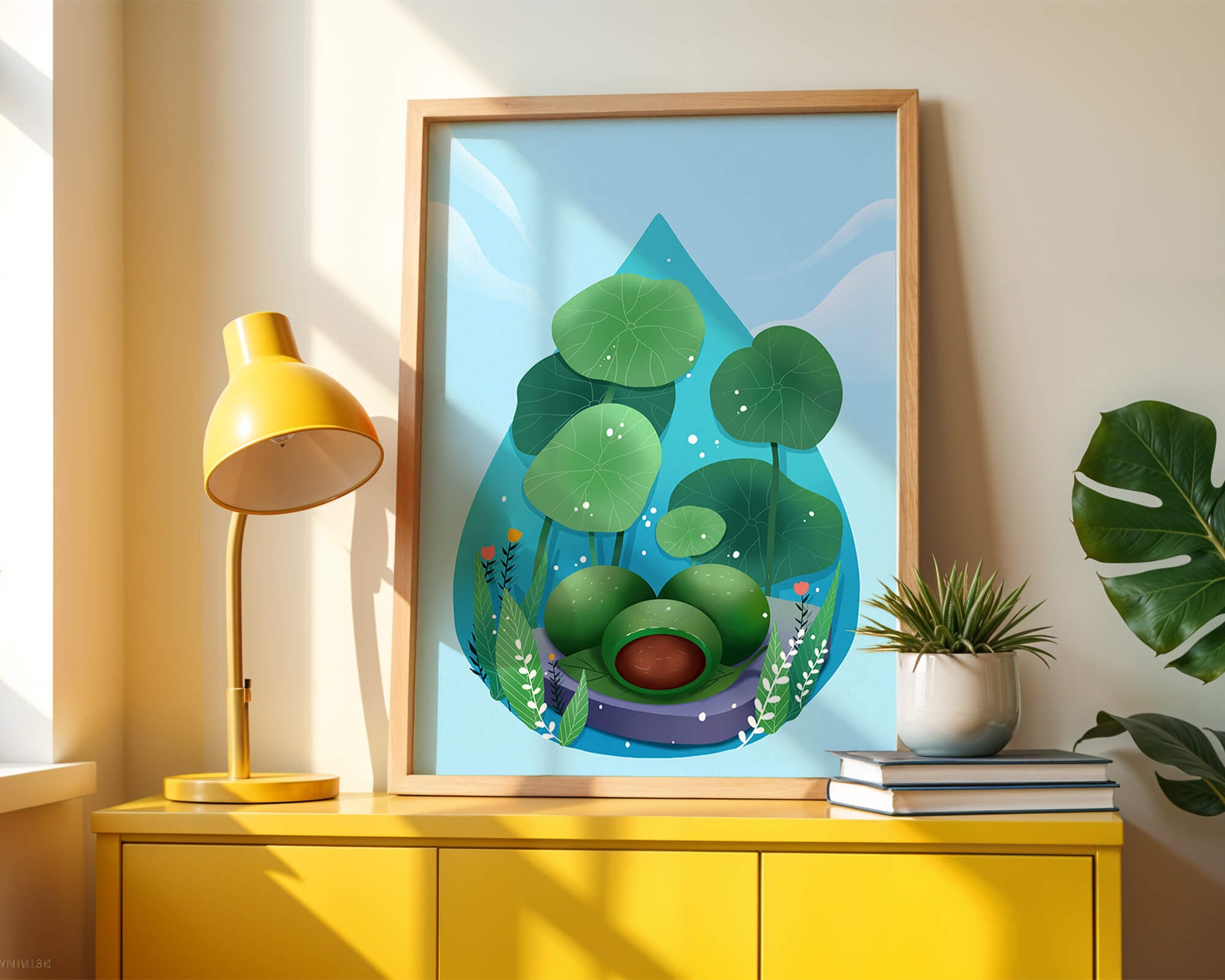 Nature-inspired abstract illustration with leaves and spheres