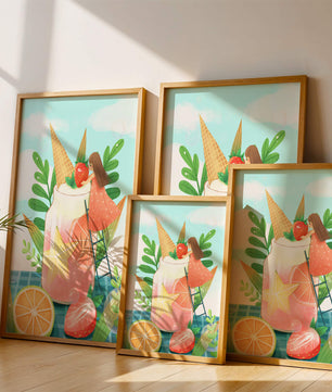 Bezaubernde Sommergetränk-Illustration mit Früchten, Blättern und einem Kind