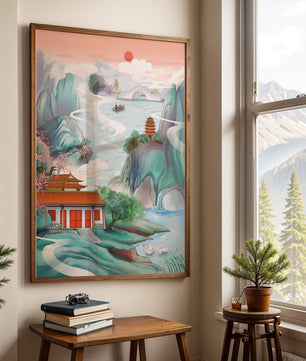 Ruhige Landschaft mit traditioneller asiatischer Architektur und Naturelementen