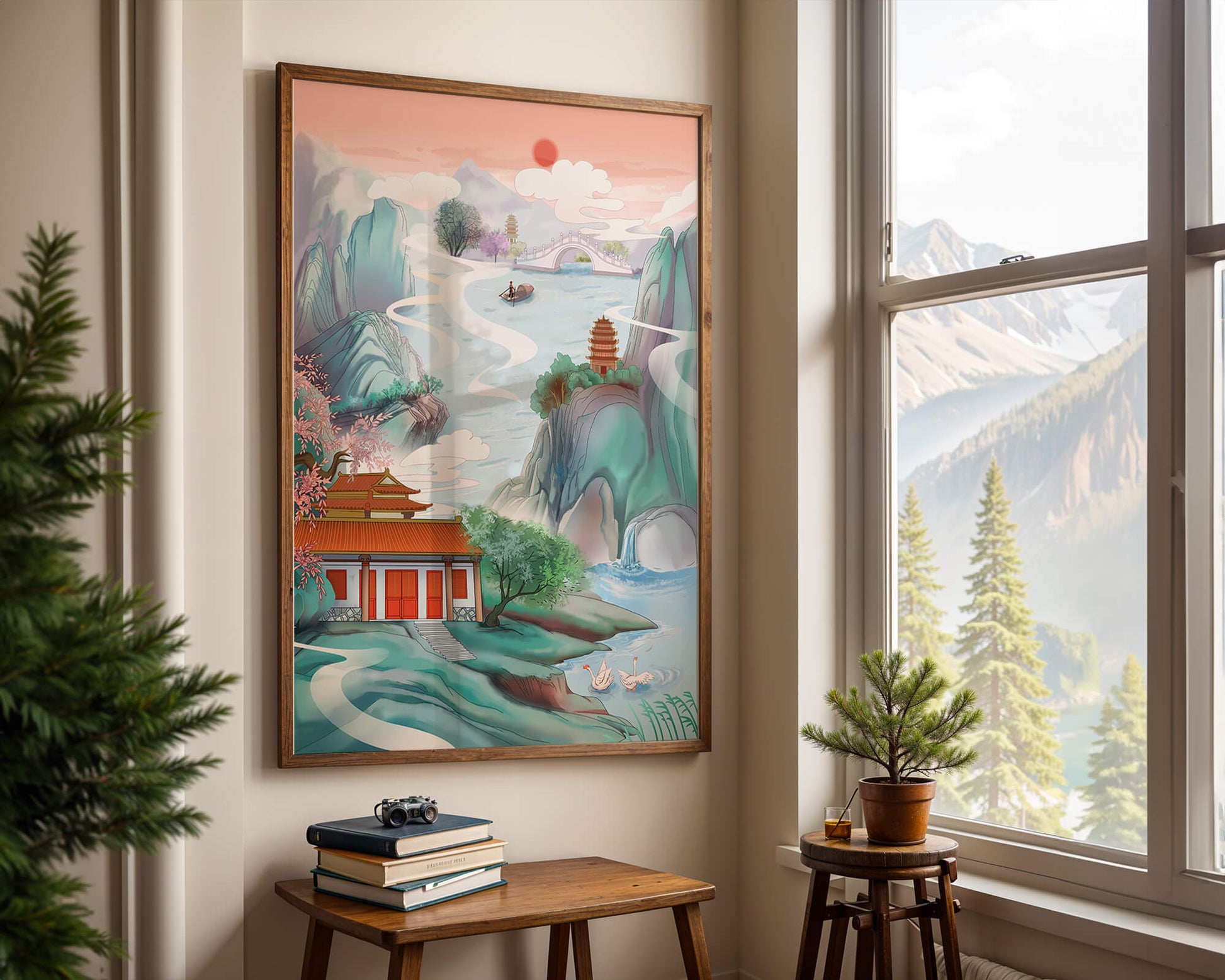 Serene landscape with traditional Asian architecture and nature elements