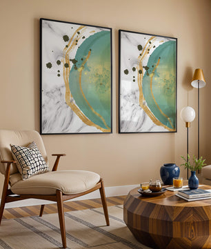 Elegant abstract design with gold accents and teal hues