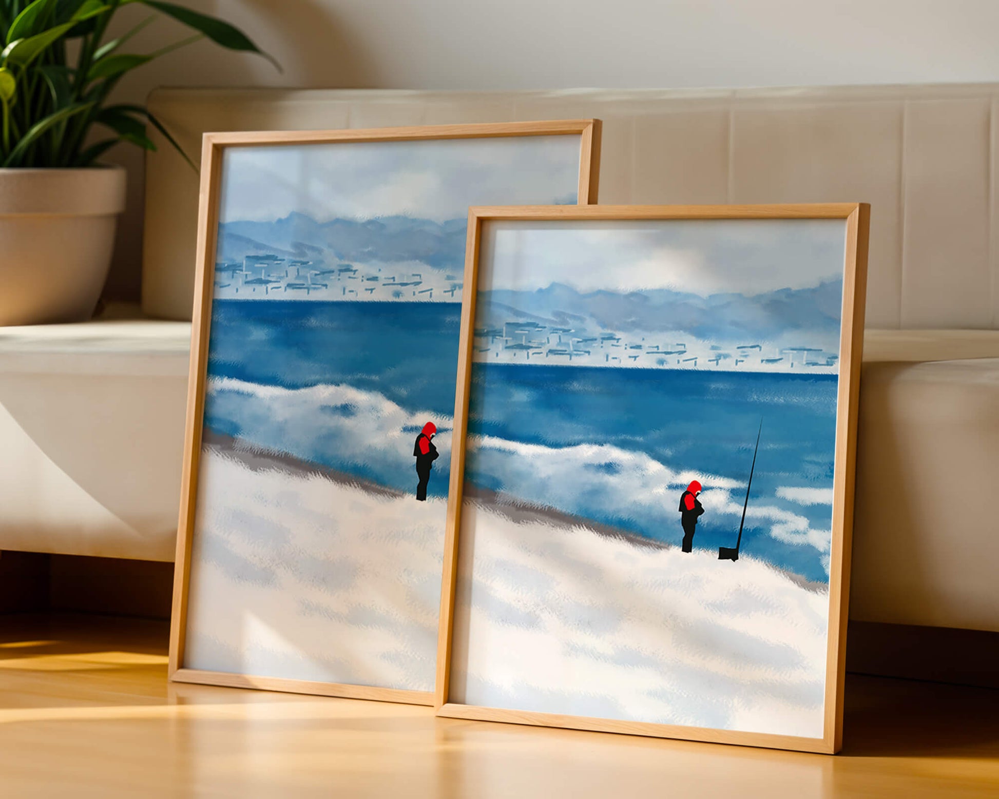 Winterlandschaft mit Person in roter Jacke am Meer