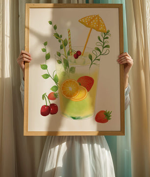 Refreshing summer drink illustration with fruits and greenery