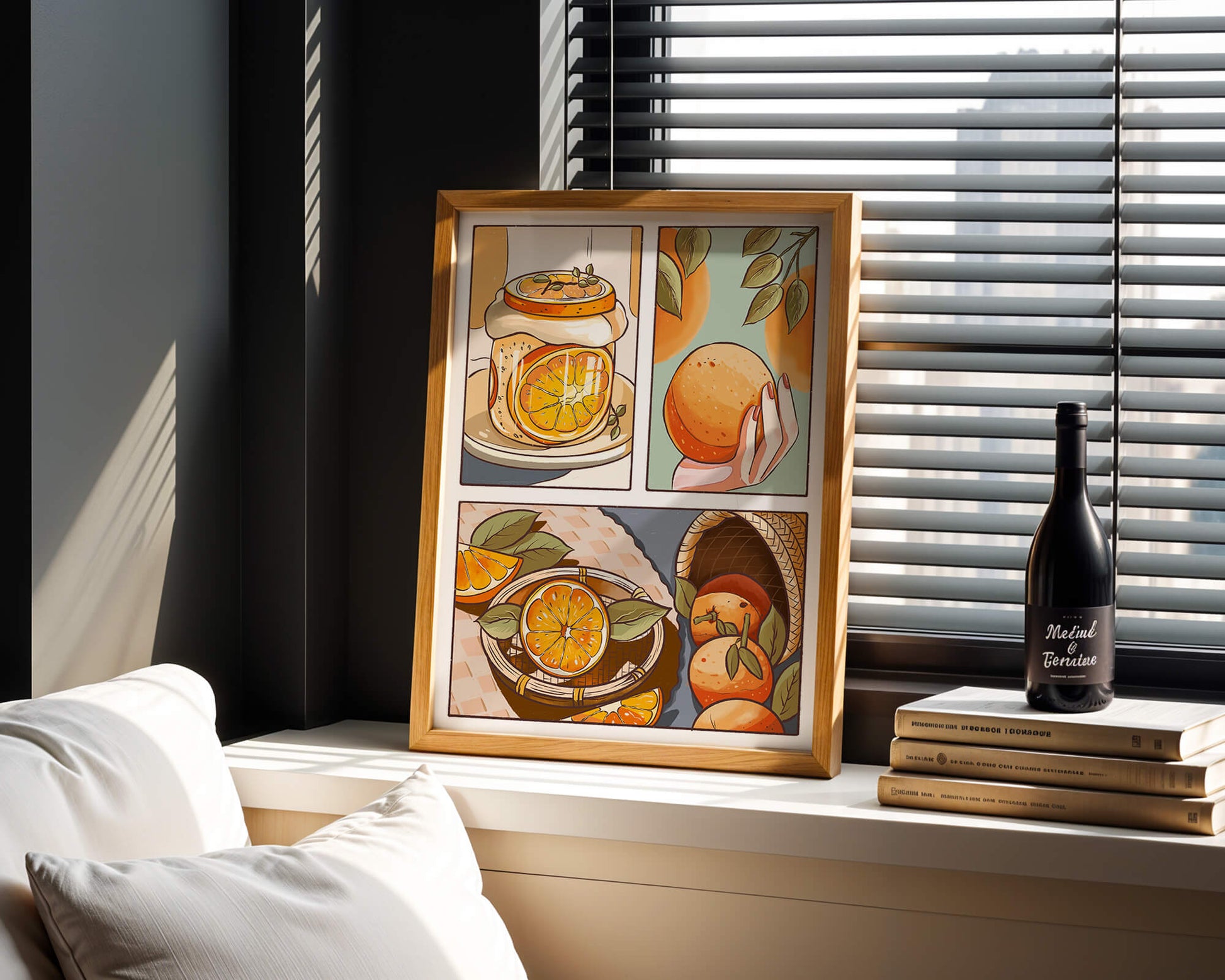 Ilustración colorida de naranjas y conservas con canasta