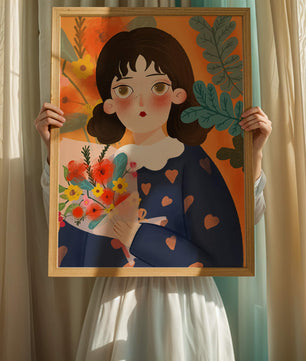 Ilustración encantadora de una chica con flores y corazones