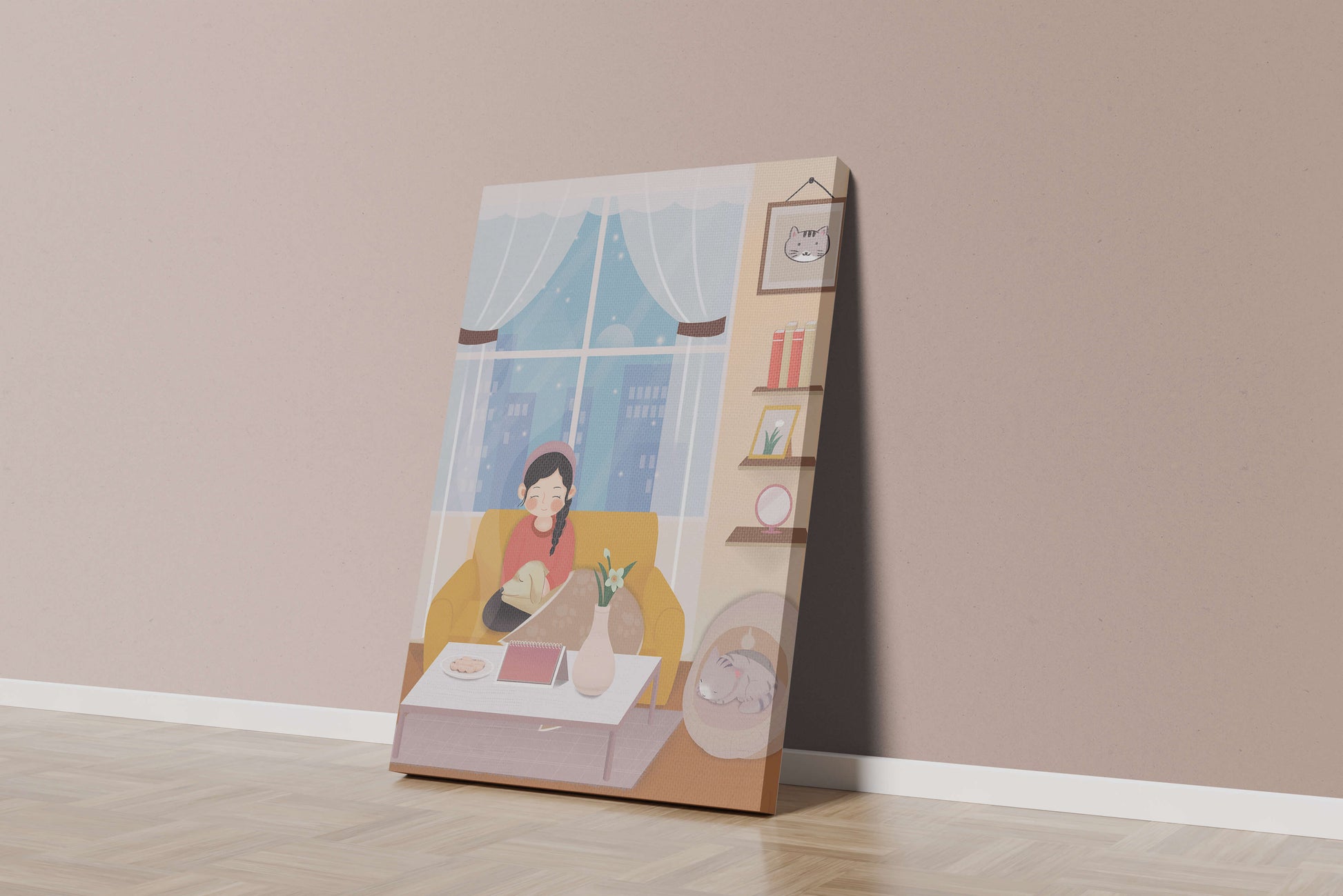 Cozy living room with a girl and a dog on a yellow sofa