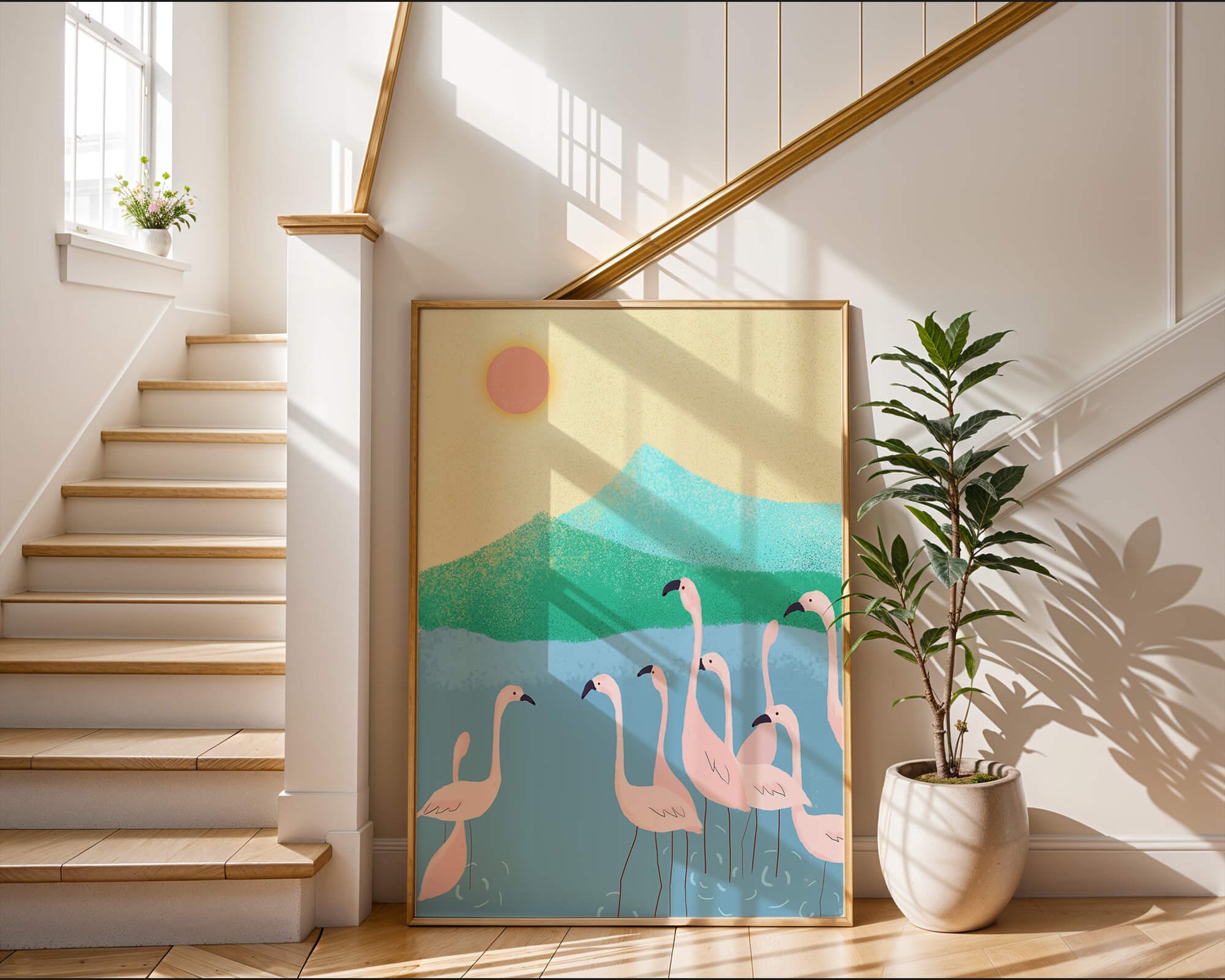 Friedliche Szene mit Flamingos in einer ruhigen Landschaft mit Bergen und Sonnenuntergang