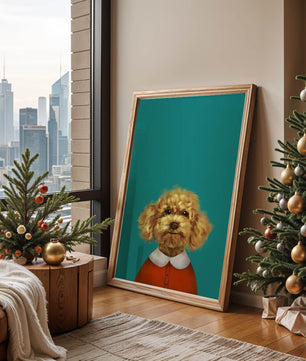 Portrait de caniche charmant en tenue de fête sur fond turquoise