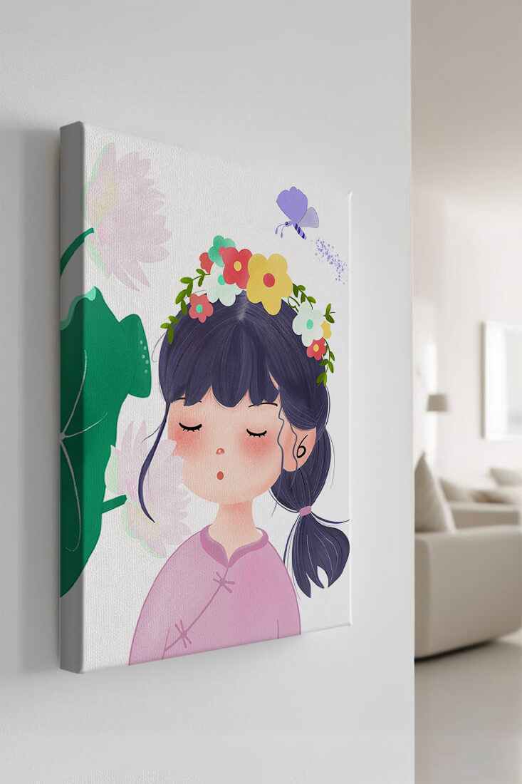 Whimsical illustration of a girl with a flower crown and butterfly
