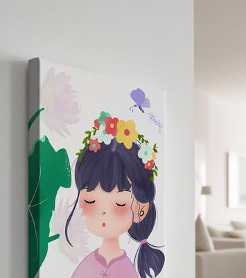 Whimsical illustration of a girl with a flower crown and butterfly