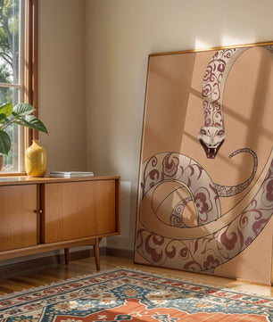Elegant coiled snake with floral patterns in an artistic composition