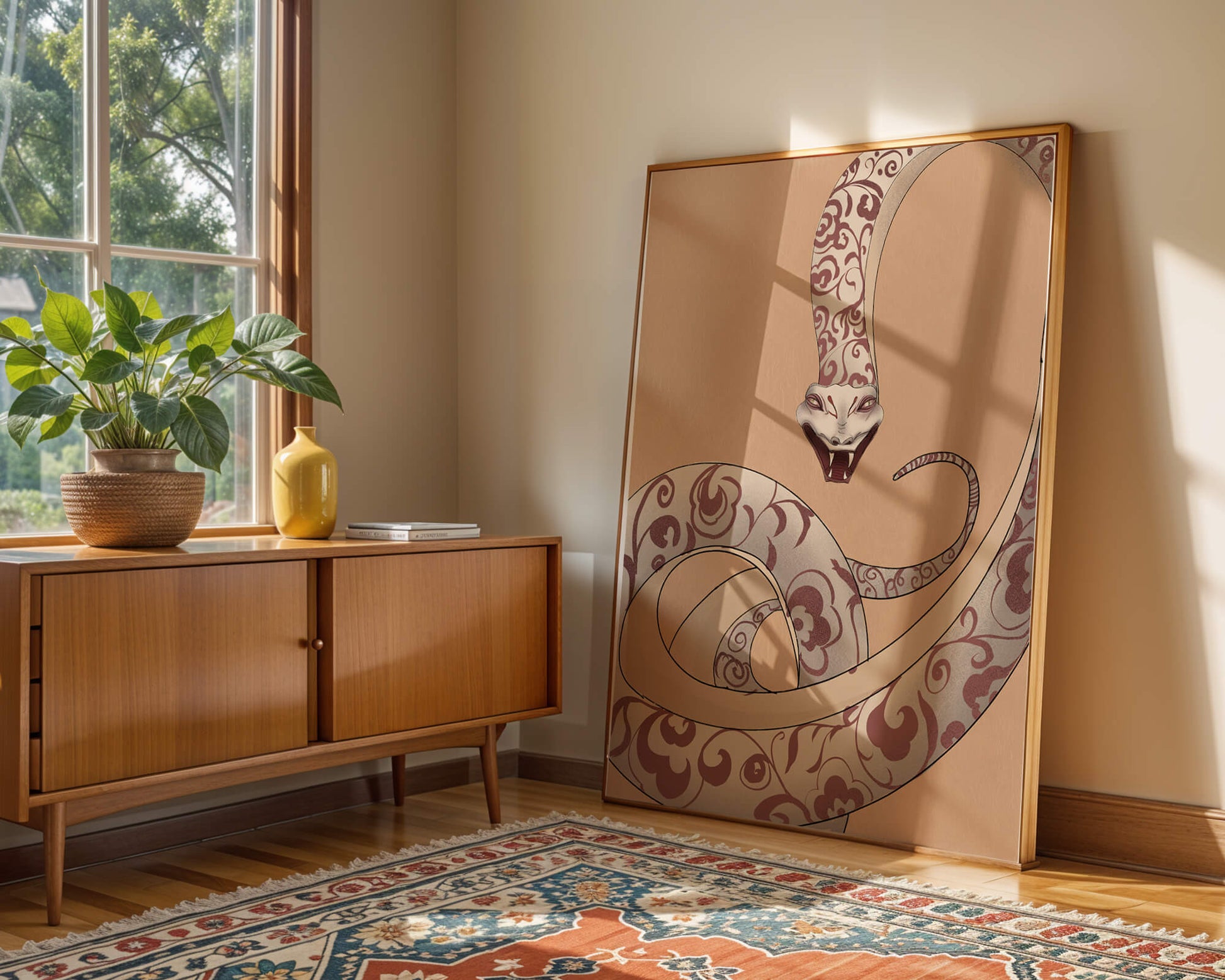 Elegant coiled snake with floral patterns in an artistic composition