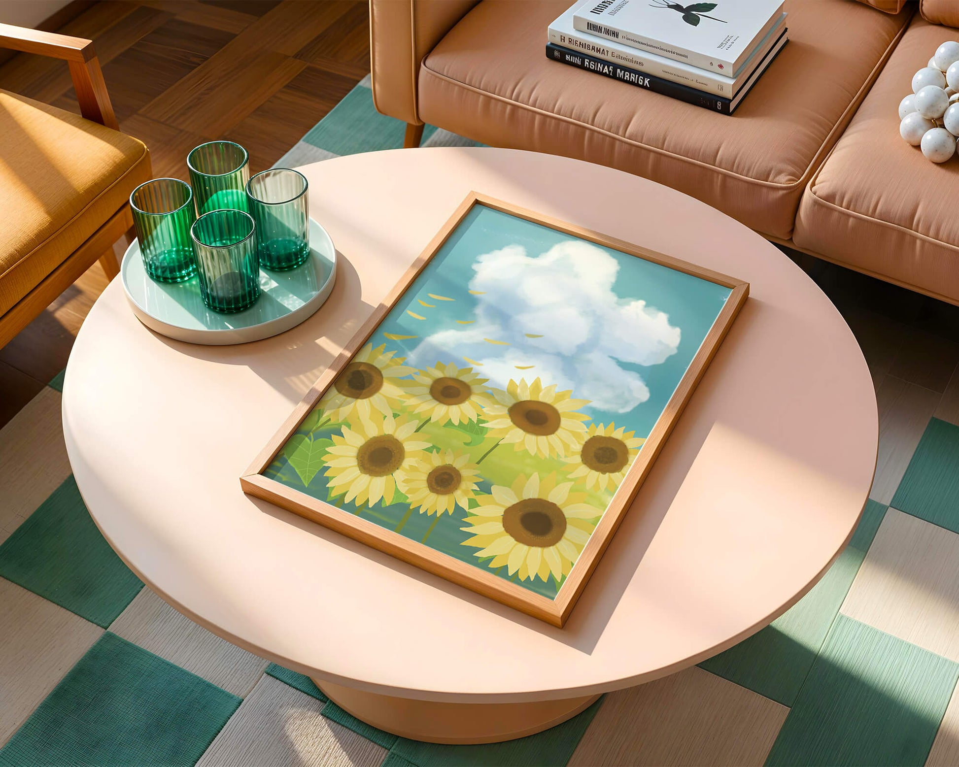 Girasoles en un prado brillante con cielo azul y nubes