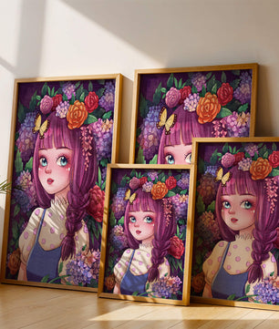 Illustration of a girl with floral crown surrounded by vibrant flowers