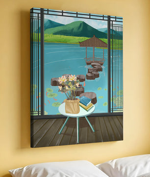 Scenic view from a room overlooking a tranquil water garden with stepping stones and mountains
