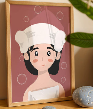 Illustration of a person in a towel with bubbles on a pink background