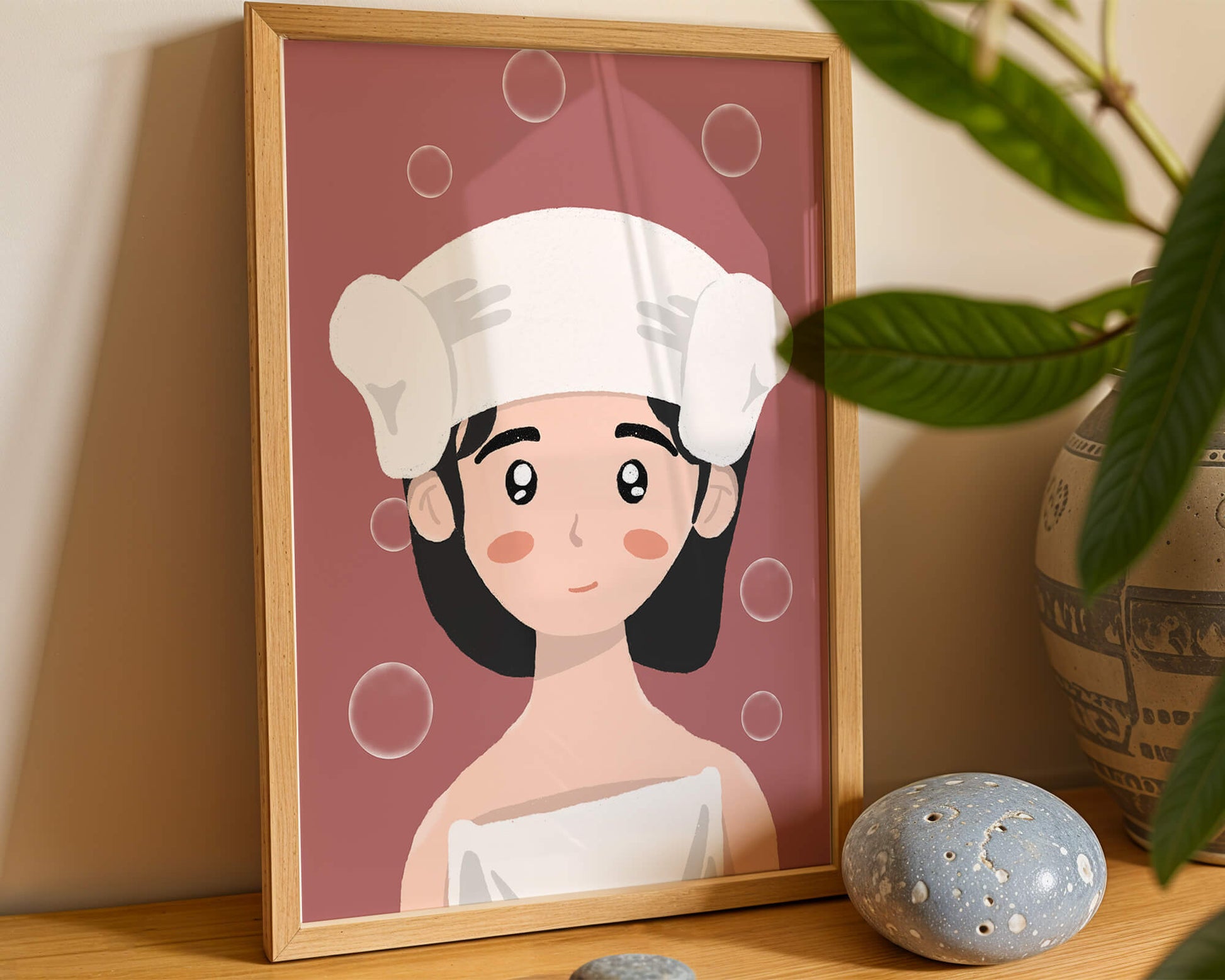 Ilustración de una persona en una toalla con burbujas sobre un fondo rosa
