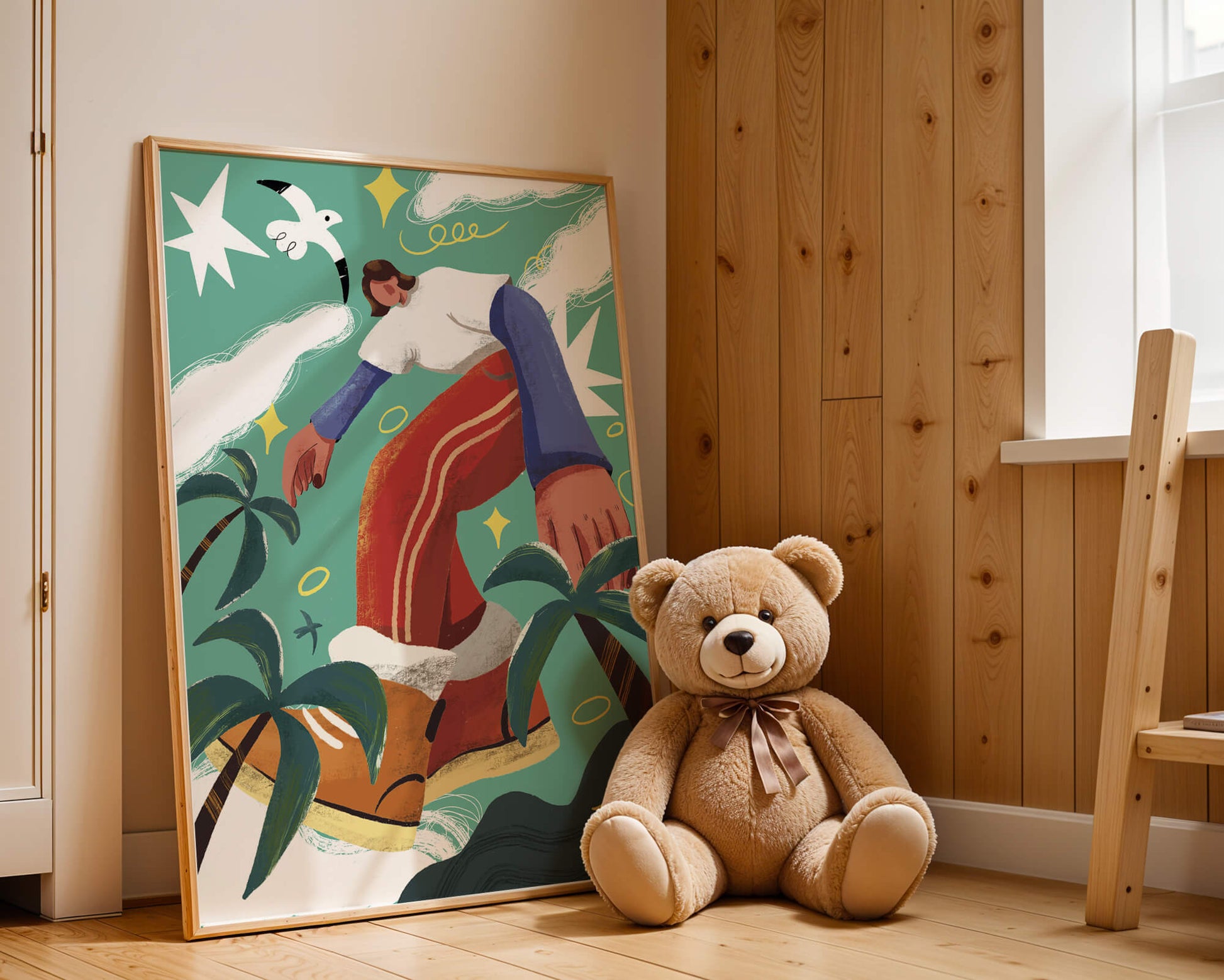 Colorful Abstract Surreal Landscape with Giant Figure and Nature Elements