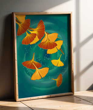 Blätter des Ginkgo-Stylings auf einem türkisfarbenen Hintergrund schweben