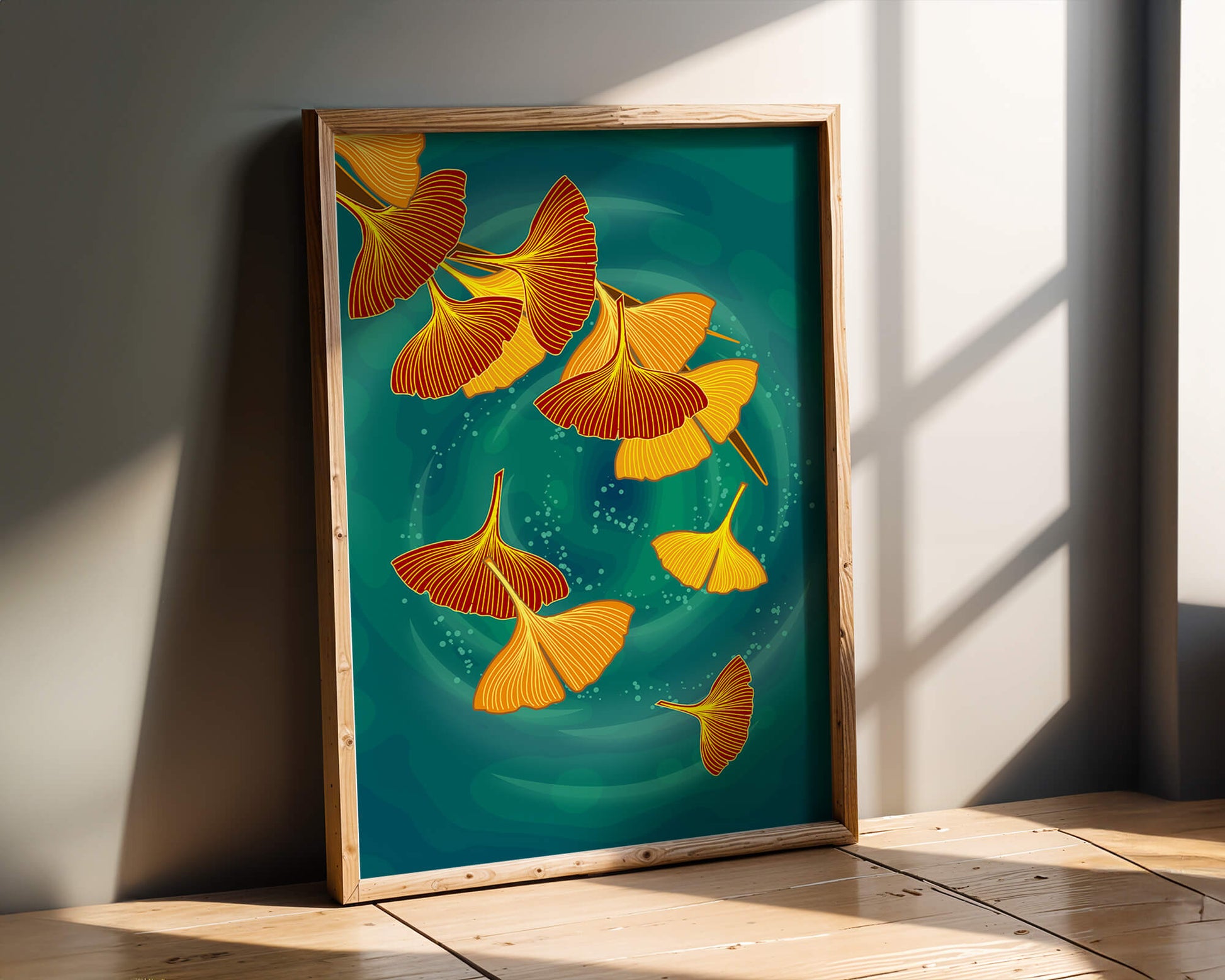 Stylized Ginkgo Leaves Floating on a Turquoise Background