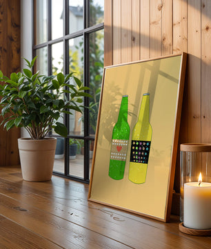 Ilustración de botellas de cerveza coloridas con etiquetas artísticas