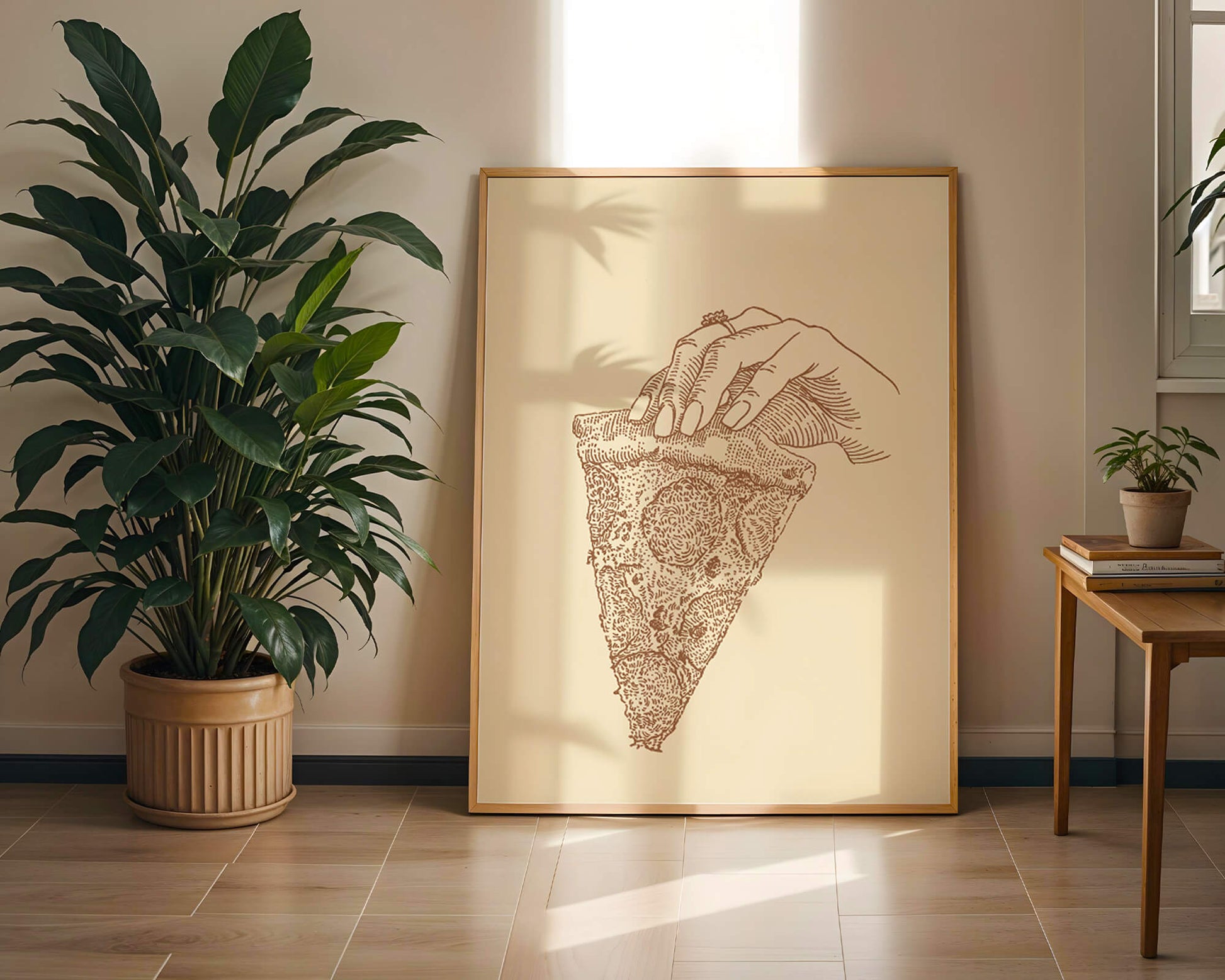 Hand holding a detailed vintage pizza slice illustration