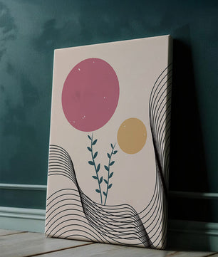 Composition florale abstraite avec des cercles roses et orange sur fond minimaliste