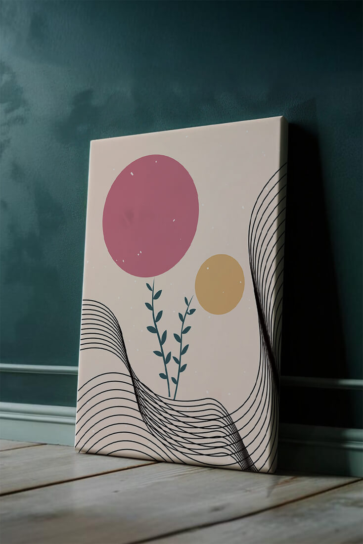 Composition florale abstraite avec des cercles roses et orange sur fond minimaliste