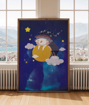 Scène nocturne onirique avec un enfant étreignant la lune