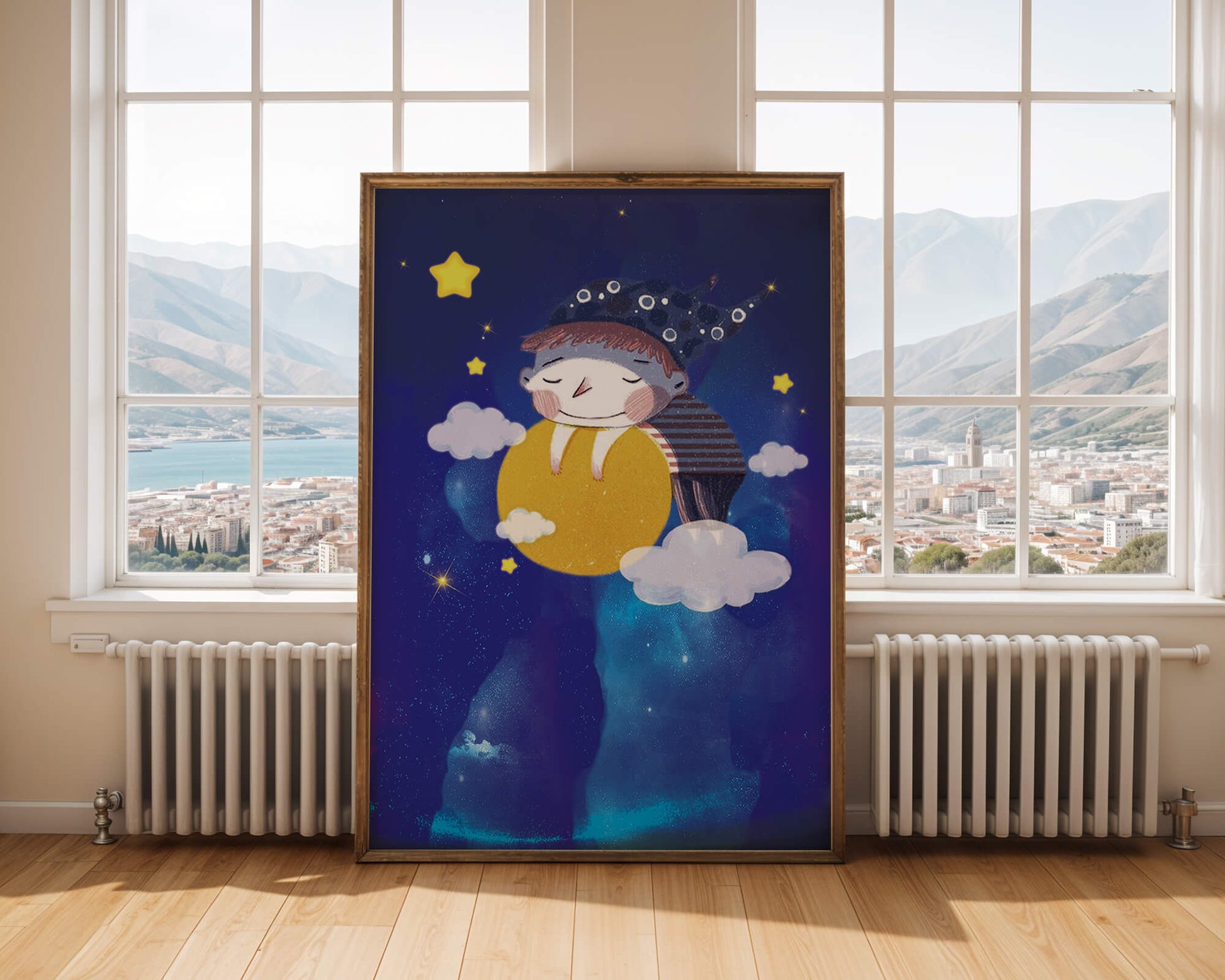 Dreamy Nighttime Scene with a Child Hugging the Moon