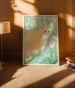 Charmante illustration d’un chat dans un jardin luxuriant de tulipes