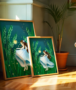 Enchanting fairy in magical wheat field at night