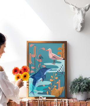 Geometric Dolphin and Seagull with Floral Elements in Abstract Nature