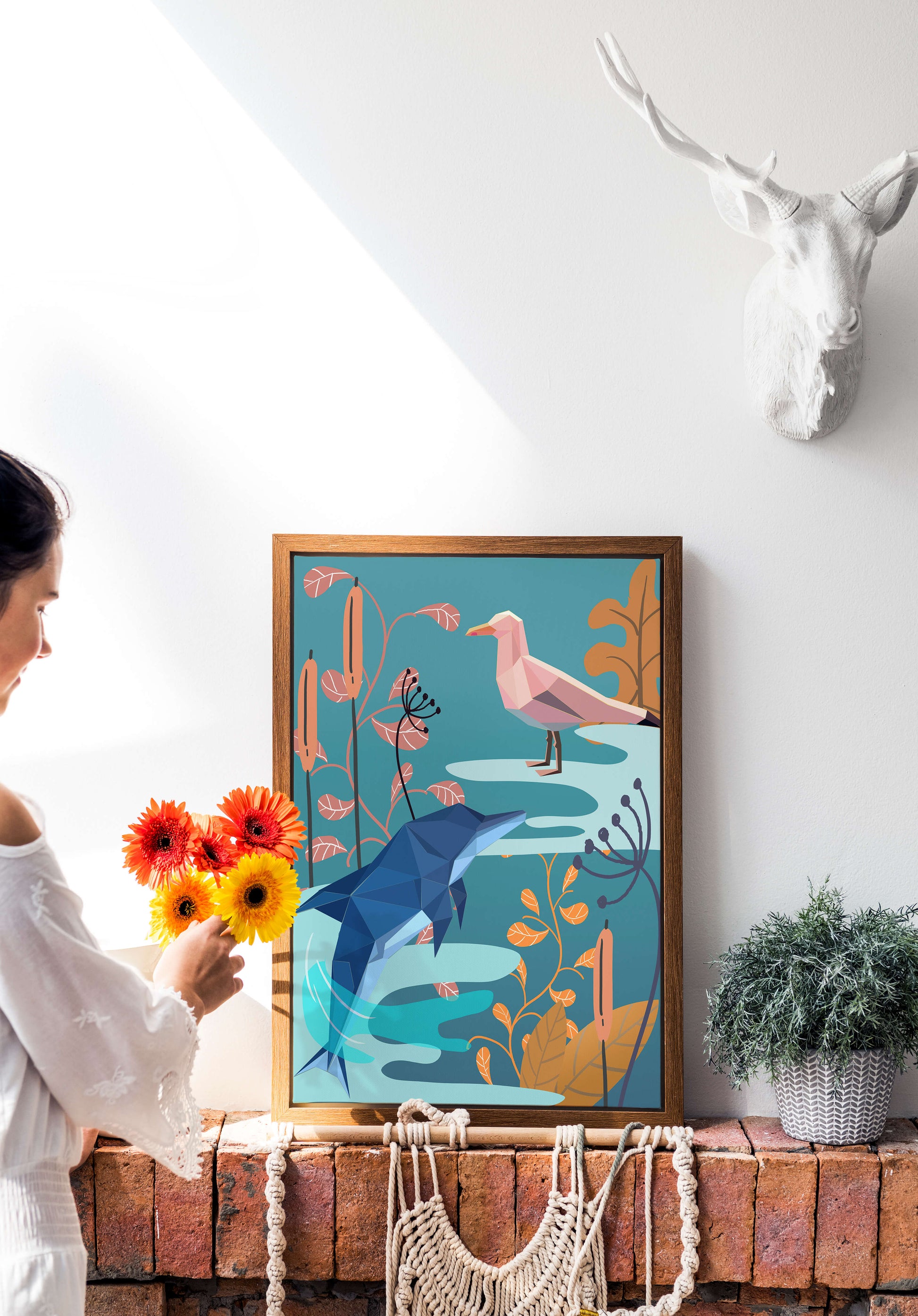 Geometric Dolphin and Seagull with Floral Elements in Abstract Nature
