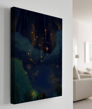Enchanted night forest with glowing fireflies and dense foliage
